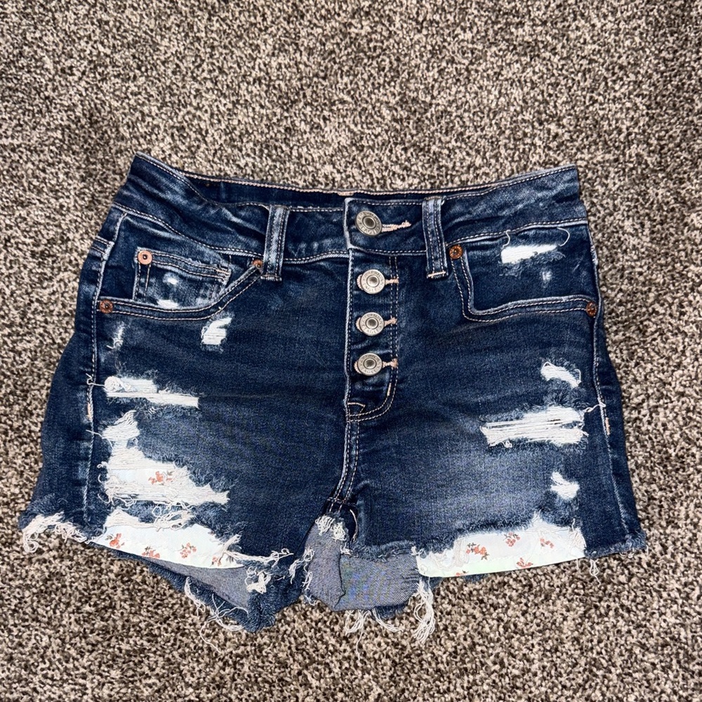 American Eagle Outfitters Dark Blue Distressed Jean Shorts with Flower Pockets